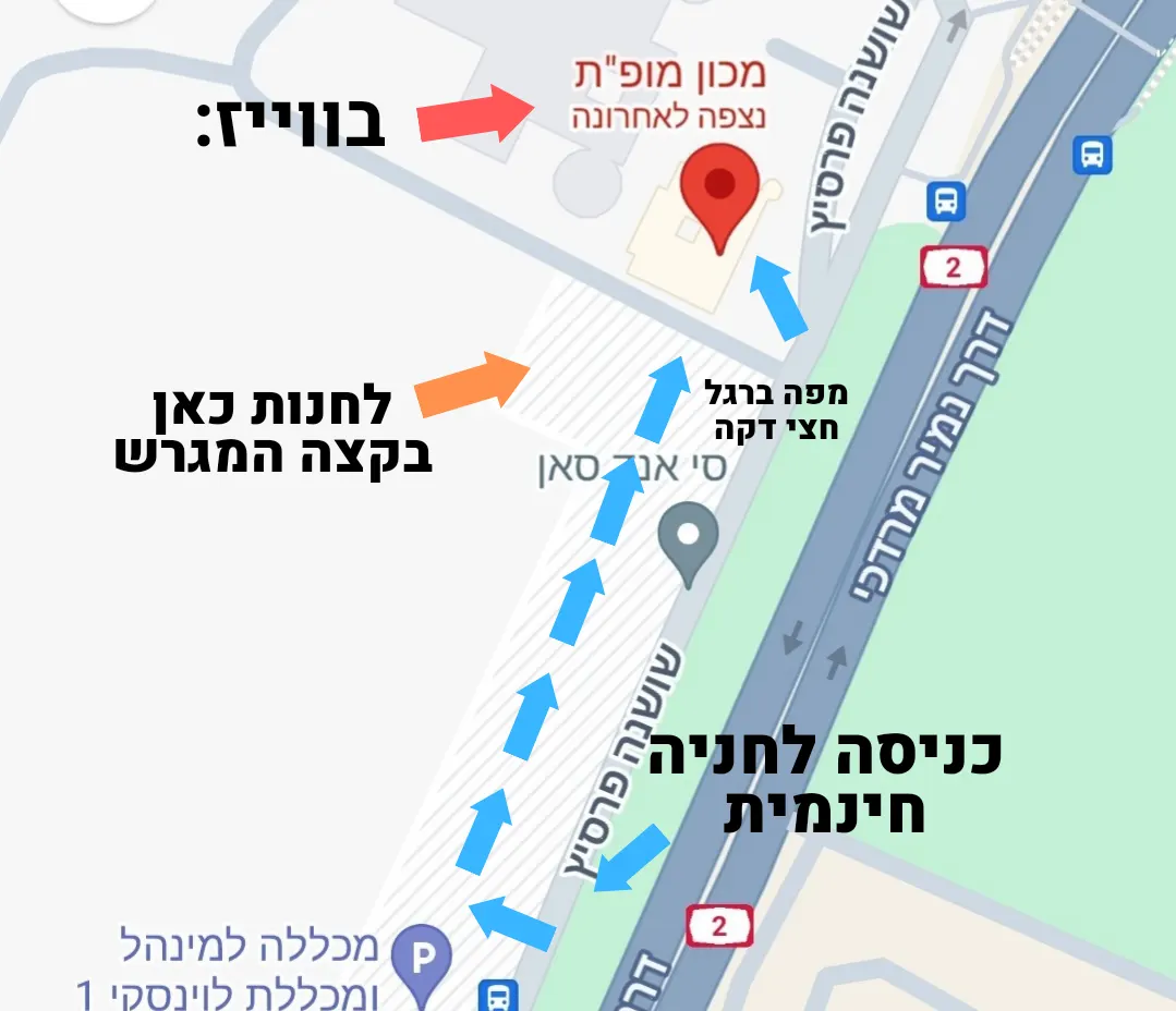 מפת הגעה למכון מופ"ת: כניסה לחניה החינמית מרחוב שושנה פרסיץ, חניה בקצה המגרש ליד סי אנד סאן, וחצי דקה הליכה למכון